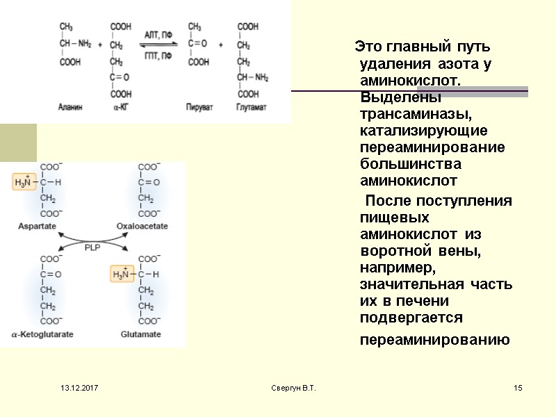 Это главный путь удаления азота у аминокислот. Выделены трансаминазы, катализирующие переаминирование большинства аминокислот 